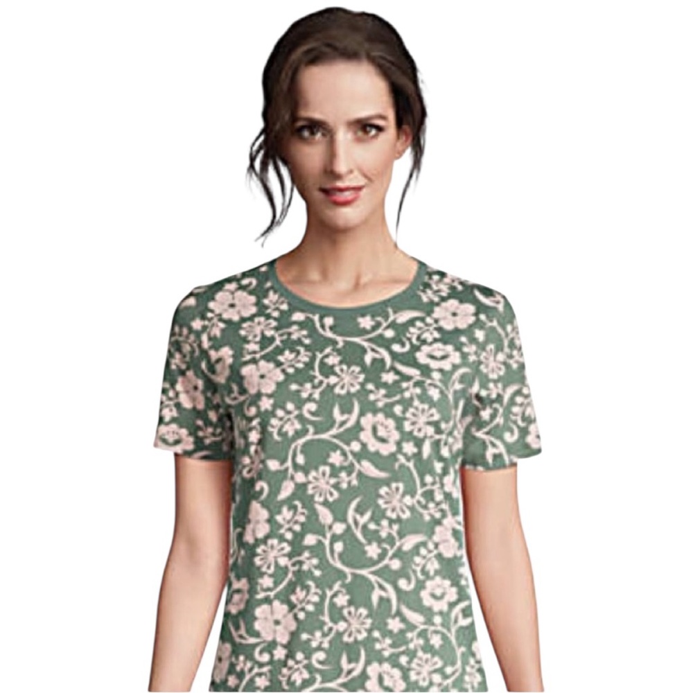 Lands’ End green pink floral 100% supima cotton tee preppy summer beach